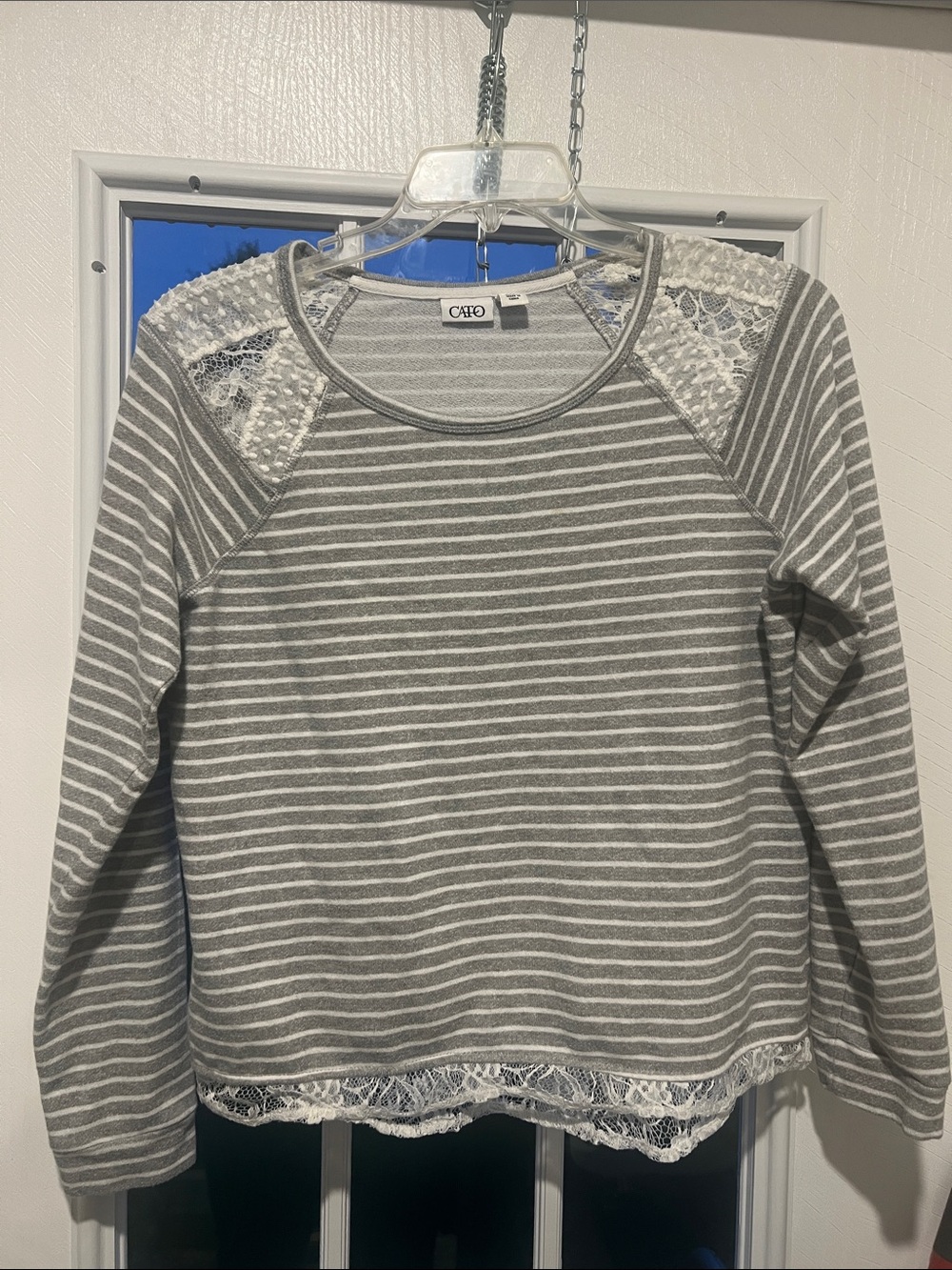 Cato Gray and White Striped Lace-Trim Sweatshirt